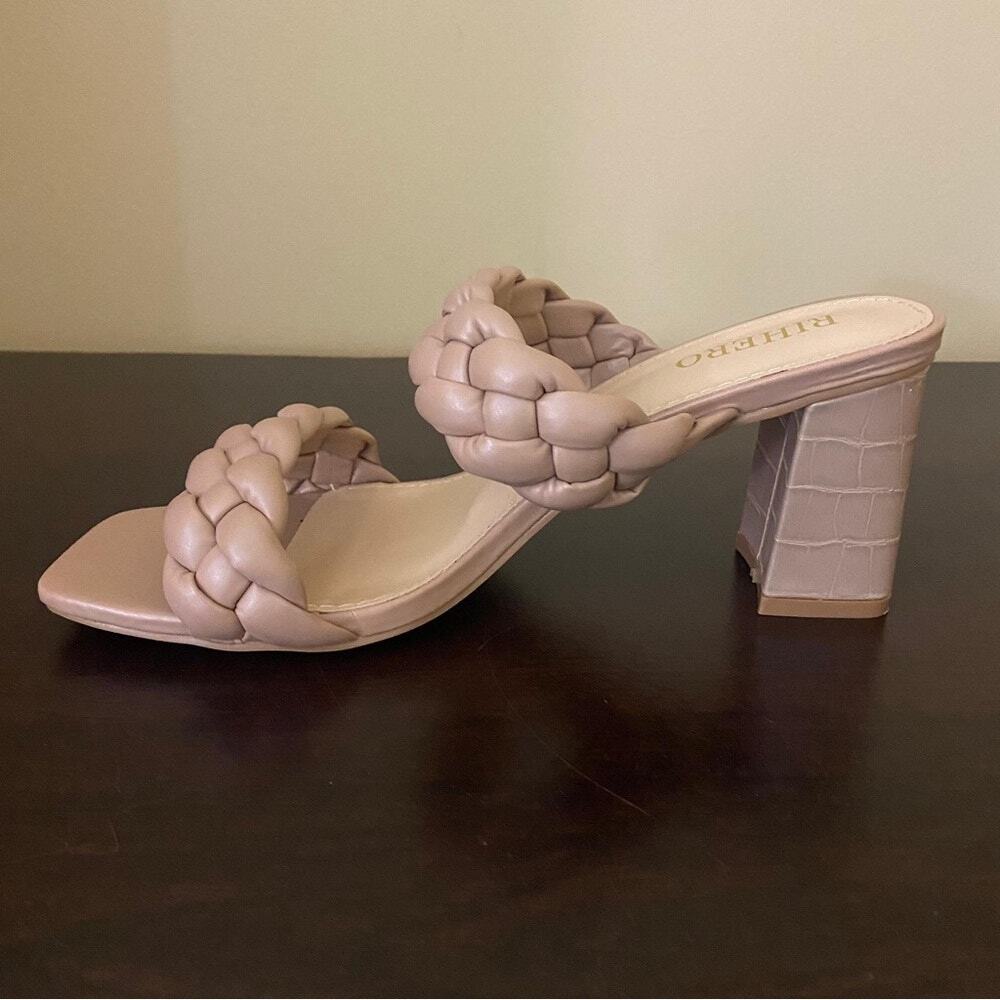 Rihero Women's Braided Heeled Sandals‎ Strappy Square Toe Slip On - Picture 6 of 7
